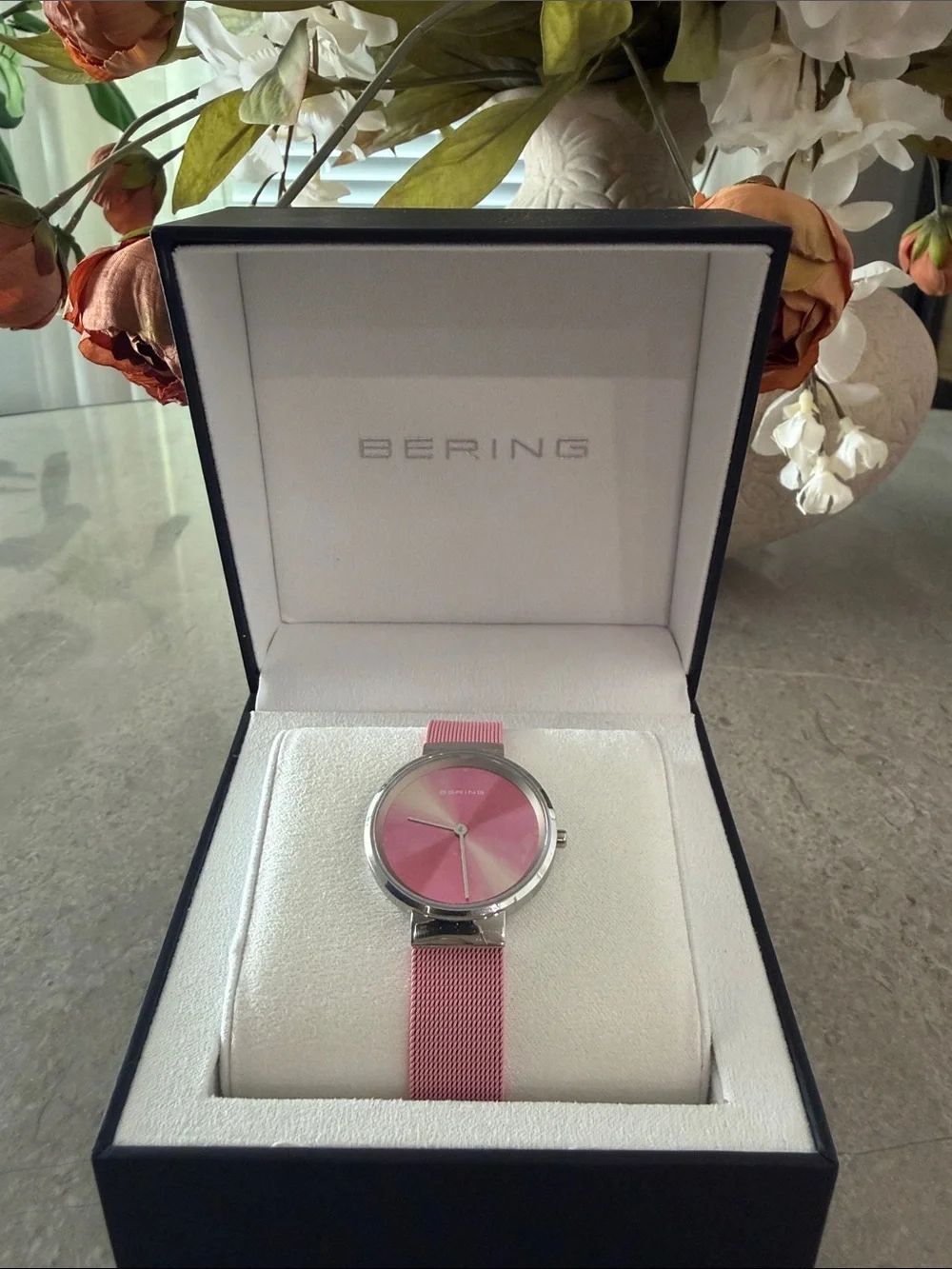 BERING Pink Sunray Dial Women's Mesh Strap Watch